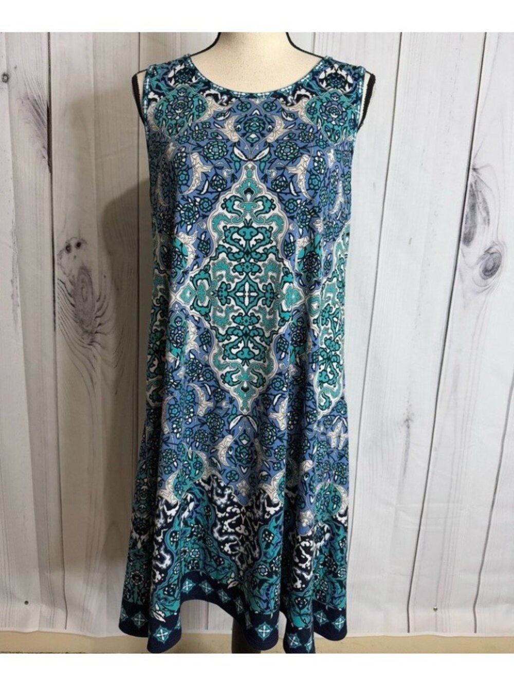 Max Studio A-Line Shift Dress Stretch Jersey Blues Sz L Sleeveless Stretch